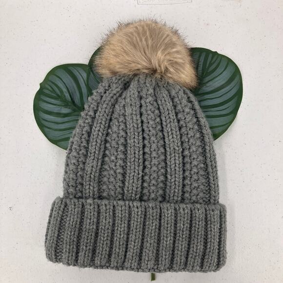 C.C Exclusives Gray Cable Knit Faux Fur Pom Cuff Faux Sherpa Lined Beanie Hat - Picture 3 of 6
